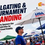 Custom umbrellas at a sports tailgating event for sponsor visibility and tournament branding