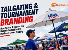 Custom umbrellas at a sports tailgating event for sponsor visibility and tournament branding