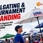 Custom umbrellas at a sports tailgating event for sponsor visibility and tournament branding