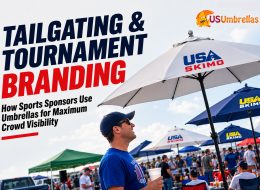 Custom umbrellas at a sports tailgating event for sponsor visibility and tournament branding
